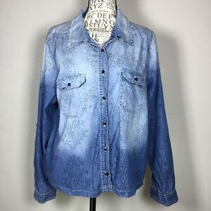 French Blue denim short button down shirt cotton classic print ombre sz PXL